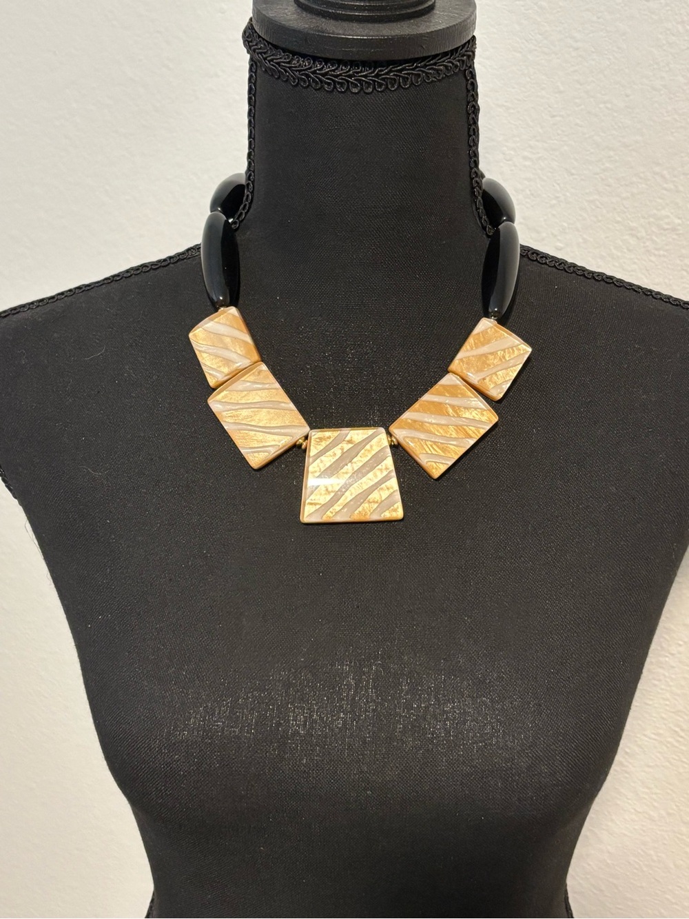 Chico’s Gold Opaque Geometric Panel Necklace with Black Beads 19”+4”